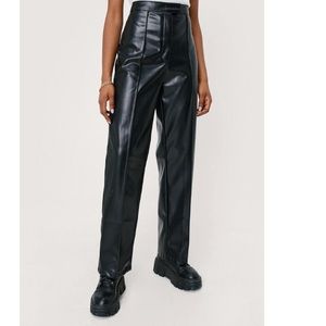 Pintuck High Waisted Wide Leg Faux Leather Trousers